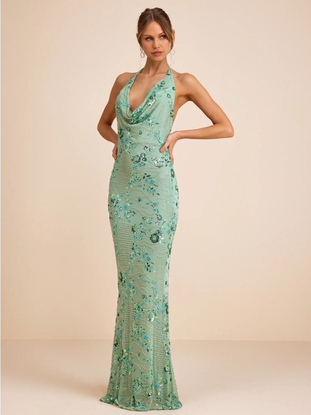 NWT Lulus Carlana Mint Green Beaded Sequin Backless Maxi Dress - Size XS